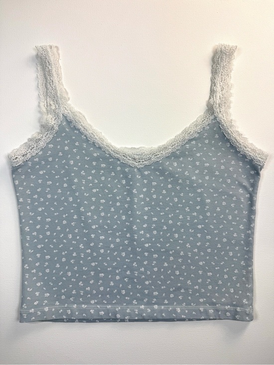 Brandy Melville Tops - Brandy Melville Lace Trim Floral Crop Tank Top Cami Blue and White One Size